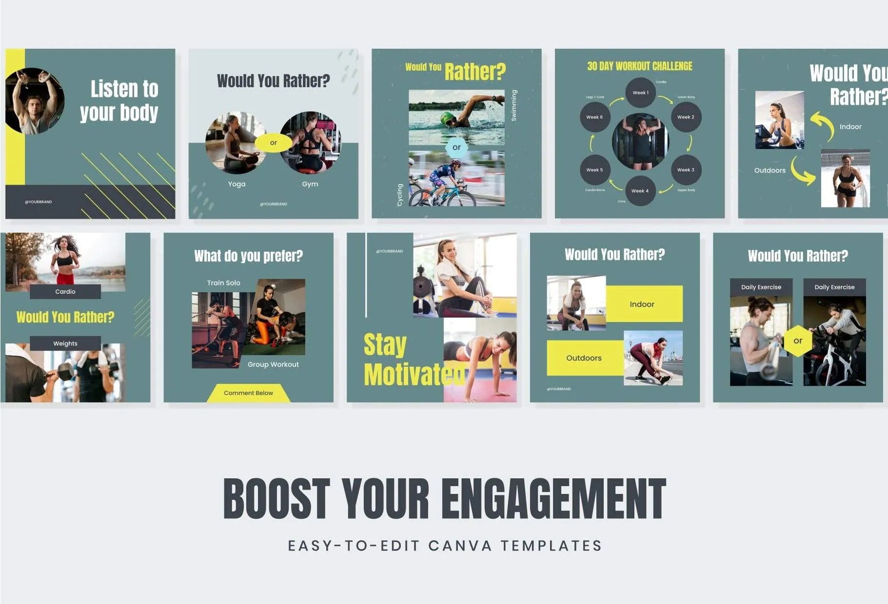 FITNESS DARK CYAN 97 Done-for-You Fitness Instagram Posts Fully Editable Canva Templates