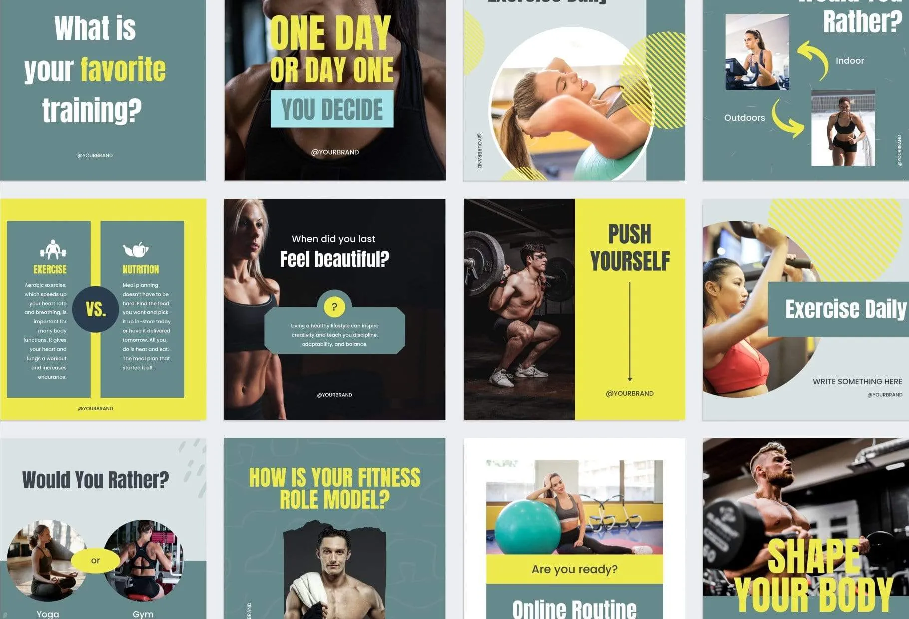 FITNESS DARK CYAN 97 Done-for-You Fitness Instagram Posts Fully Editable Canva Templates