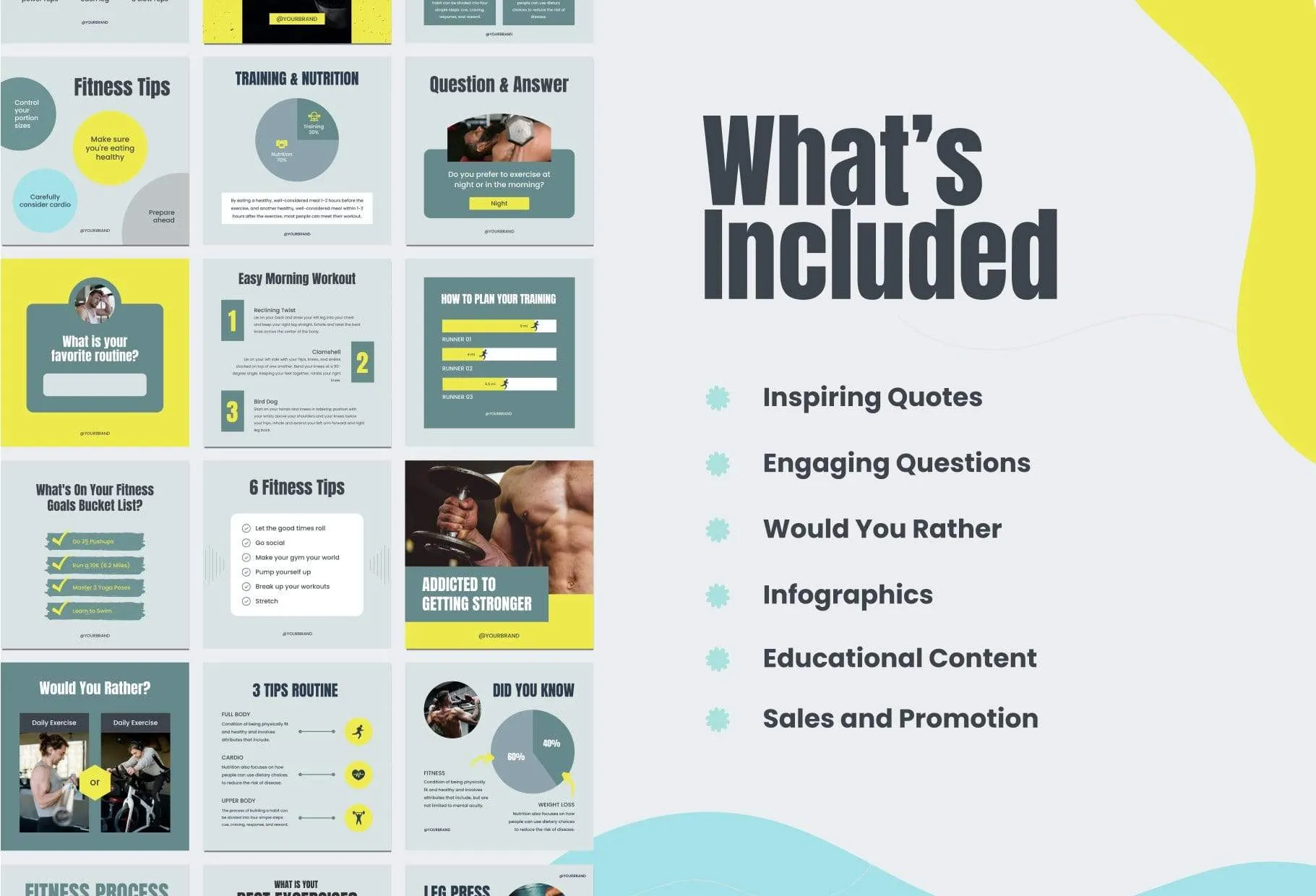 FITNESS DARK CYAN 97 Done-for-You Fitness Instagram Posts Fully Editable Canva Templates