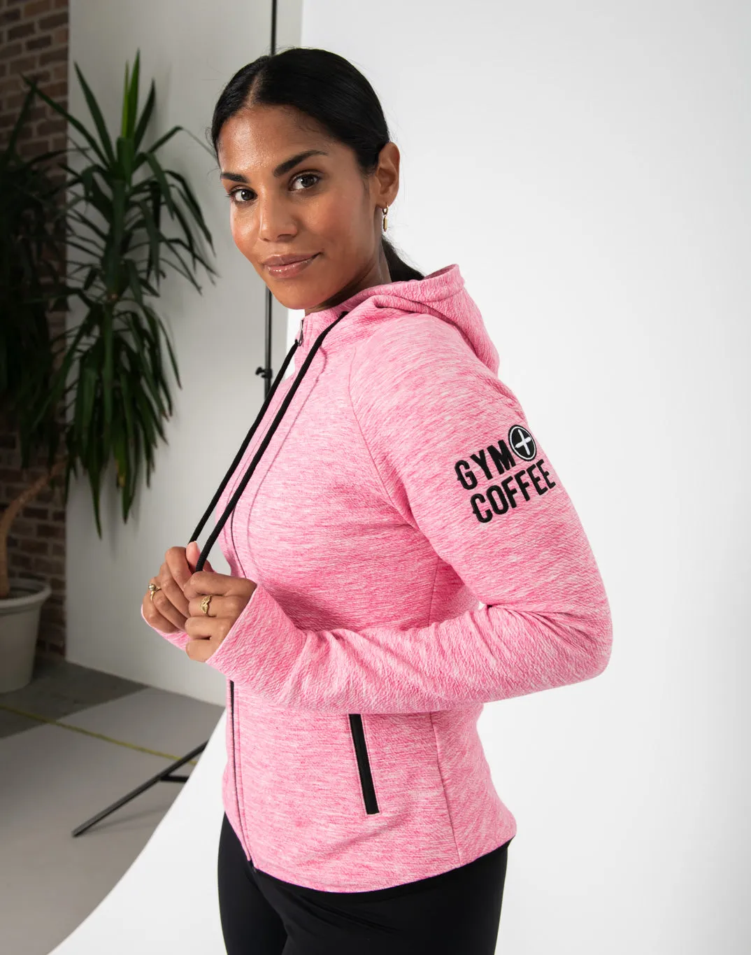 Gym Coffee Pink Fleck Hoodie (Womens) - Pink Flex