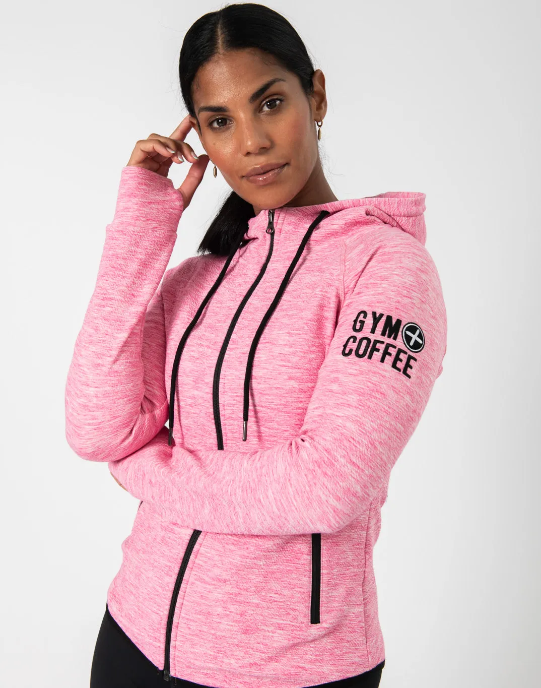 Gym Coffee Pink Fleck Hoodie (Womens) - Pink Flex