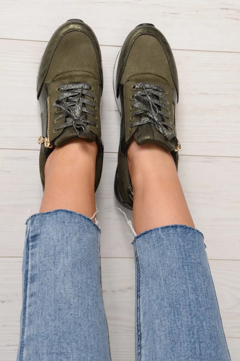 Khaki Glitter Lace Up Chunky Trainers - Shania