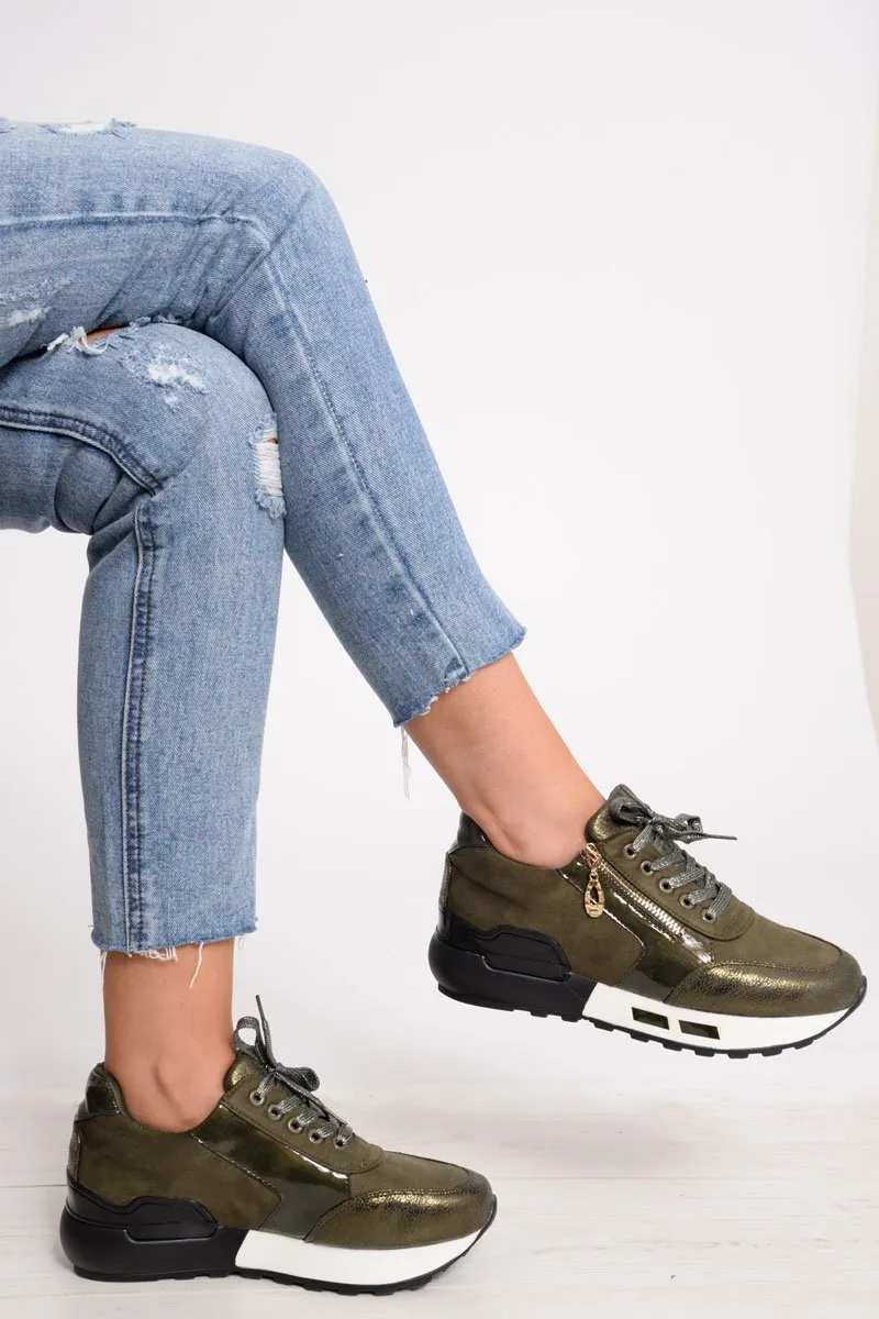 Khaki Glitter Lace Up Chunky Trainers - Shania