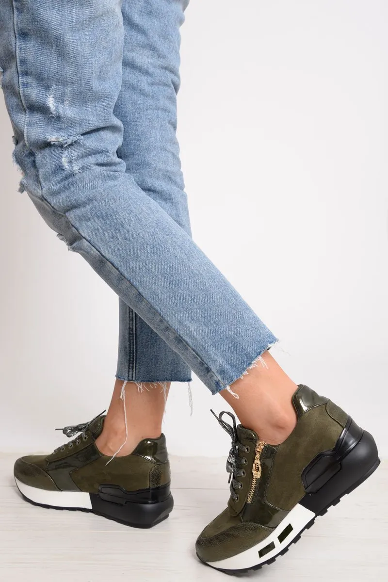 Khaki Glitter Lace Up Chunky Trainers - Shania