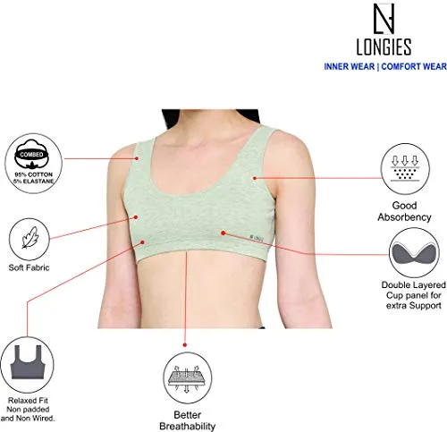 Longies Women Regular Fit Sports Bra (LGSBPO3001_XXLarge_Beige,Black,Blue)