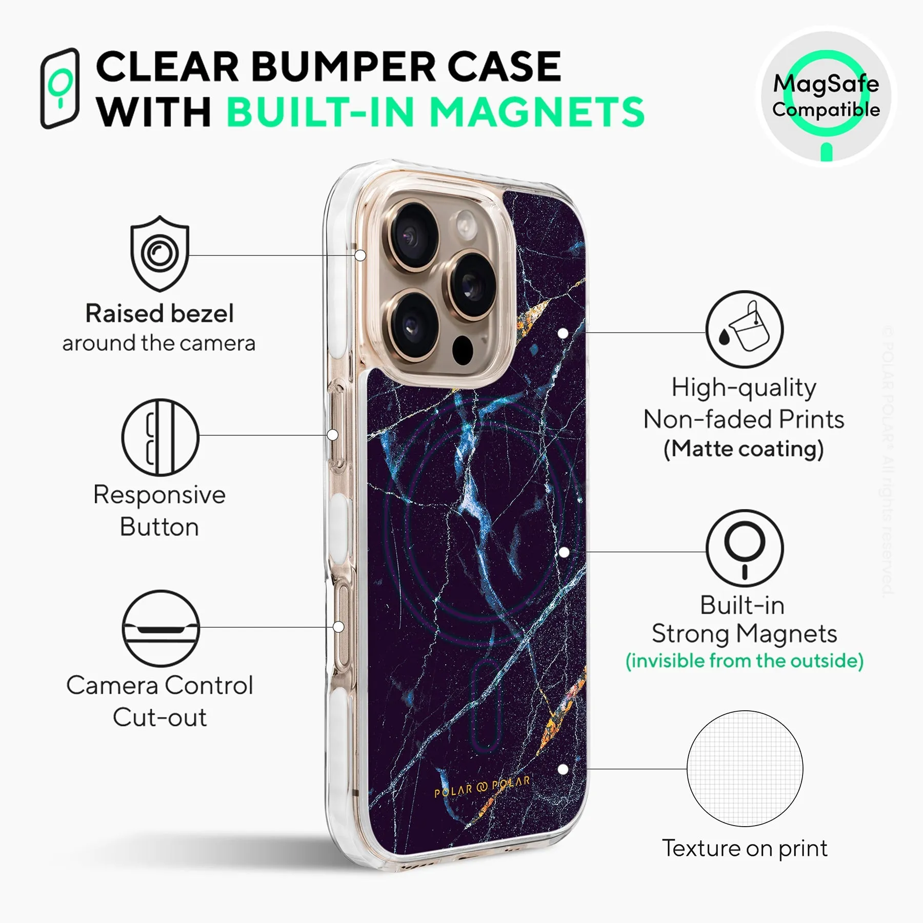 Midnight Marble - iPhone 16 Pro Max Clear Bumper MagSafe Case