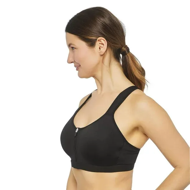 New Athletic Works Women's Zip-Front Sports Bra Black, Sz 38D, nice strappy back design