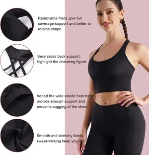 New Ursexyly Strappy Sports Bra for Women Cross Back Longline Padded Yoga Crop Tops Medium Support Wirefree Workout Running Bra, Black, Sz XXL!