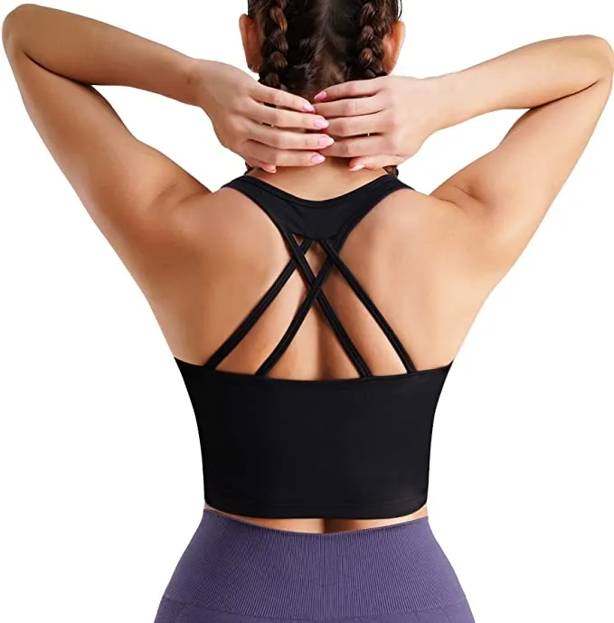 New Ursexyly Strappy Sports Bra for Women Cross Back Longline Padded Yoga Crop Tops Medium Support Wirefree Workout Running Bra, Black, Sz XXL!