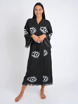 Peshtemal Black with White Evil Eye Kimono/Robe