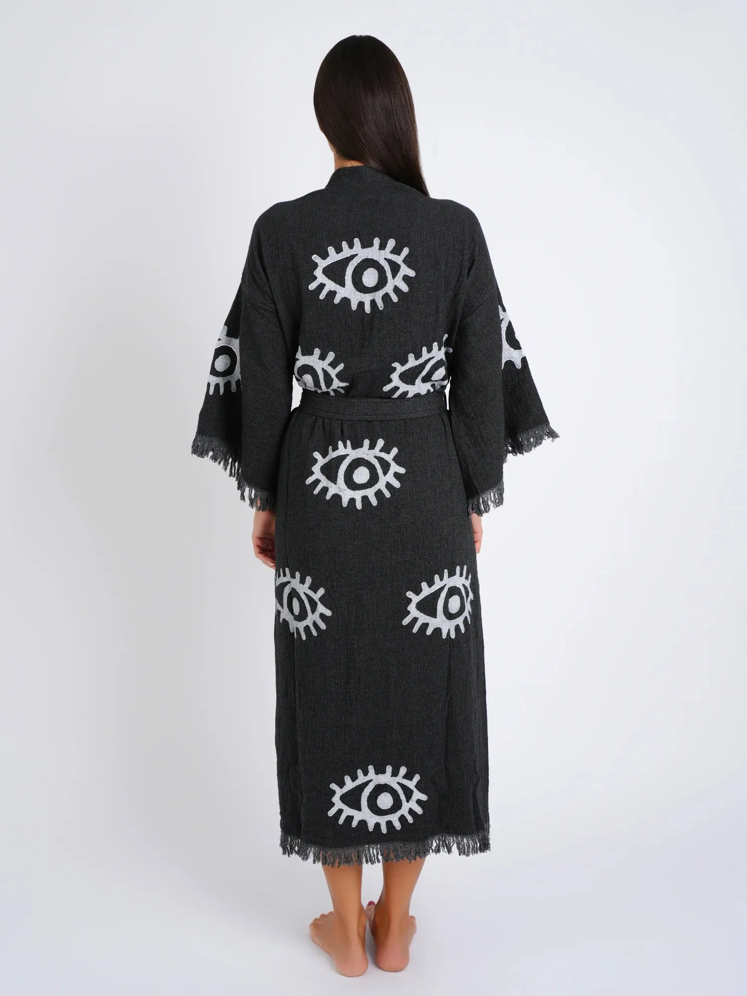 Peshtemal Black with White Evil Eye Kimono/Robe