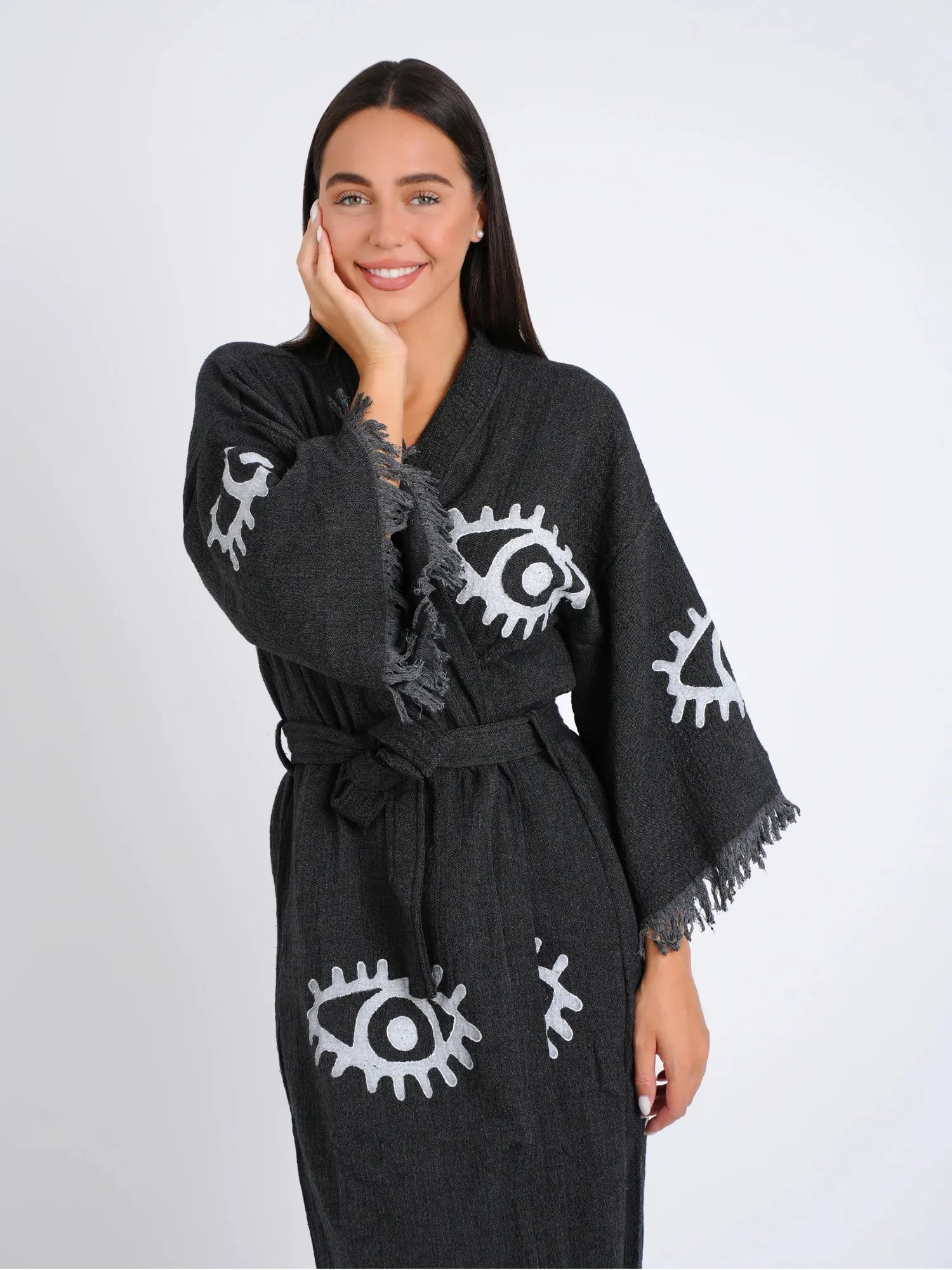 Peshtemal Black with White Evil Eye Kimono/Robe
