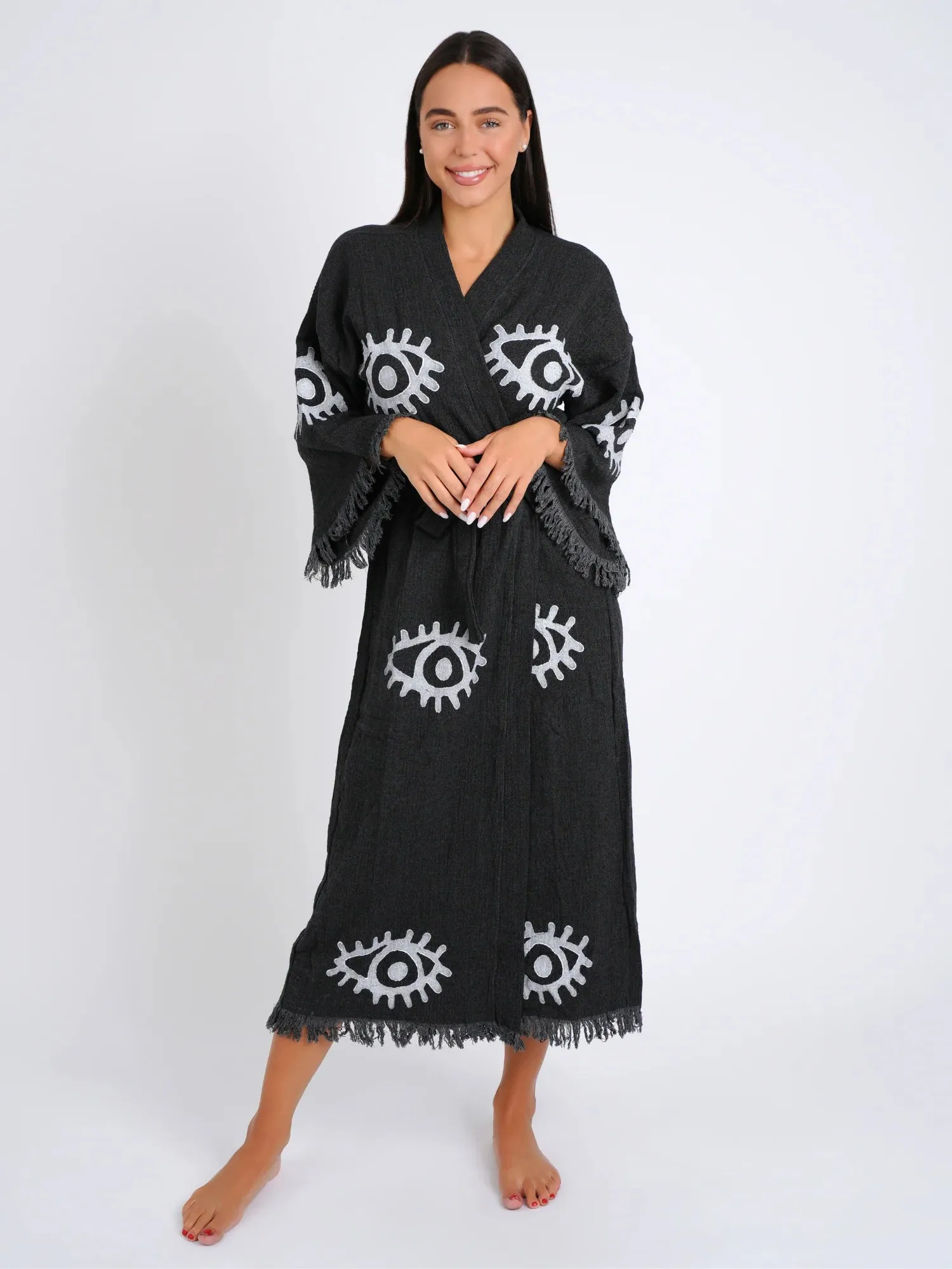 Peshtemal Black with White Evil Eye Kimono/Robe