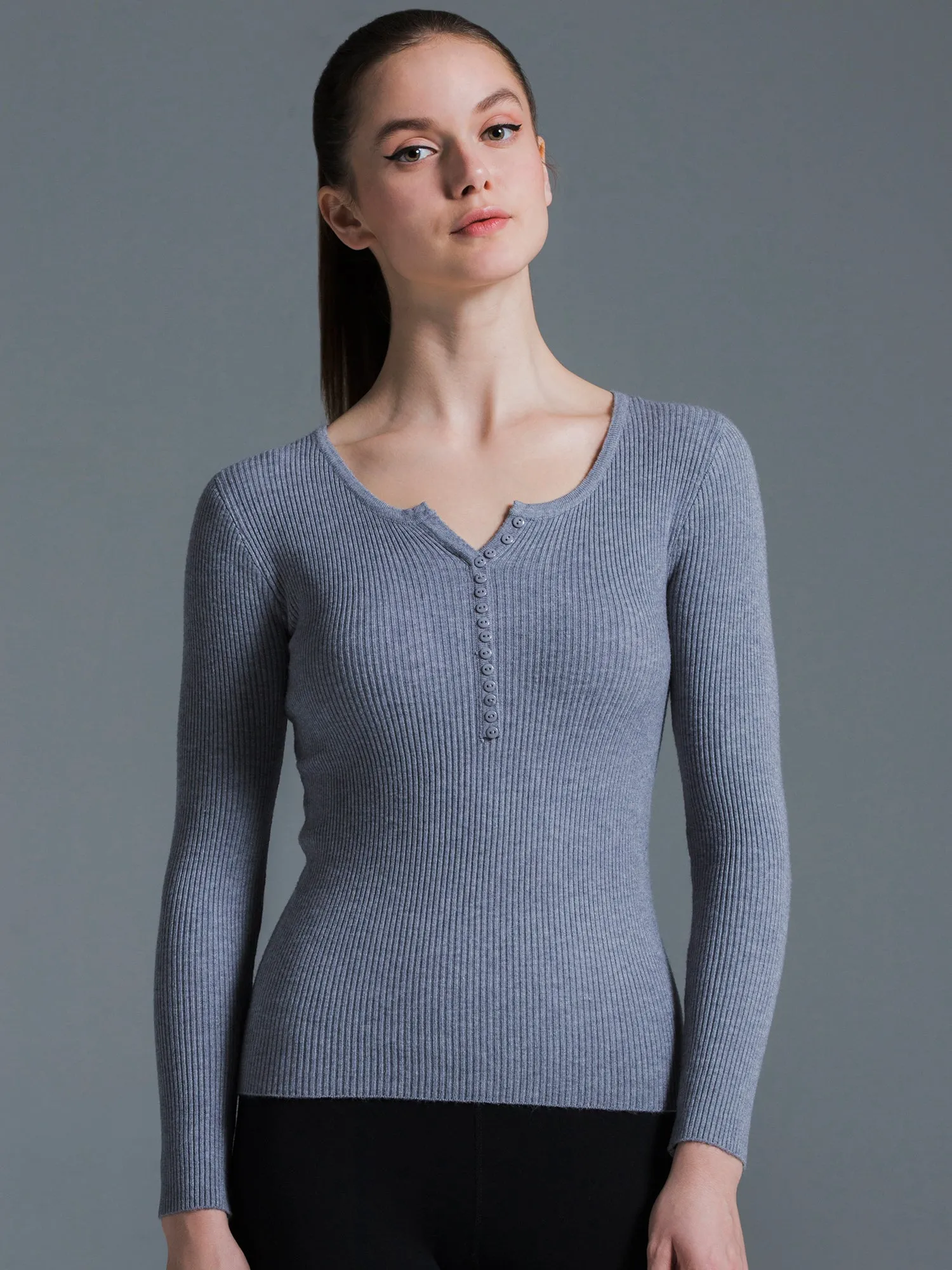 RIBBED HENLEY TEE, GREY