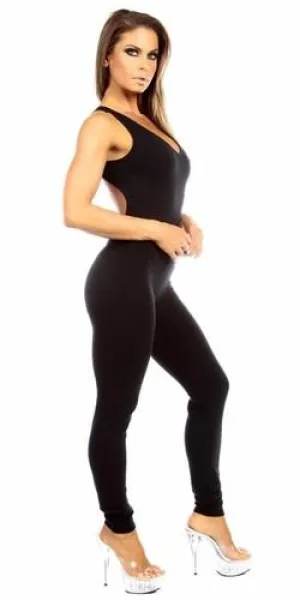 Sexy Shred Stretch Supportive Cut Out Back Work Out Catsuit - Black