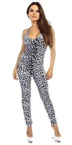 Sexy Shred Stretch Supportive Cut Out Back Work Out CatSuit - Snow Leopard
