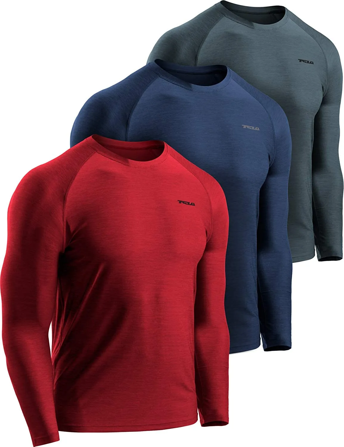 TSLA 3 Pack Men's Long Sleeve Pullover, Dry Fit Running Workout Shirts, Athletic Fitness & Gym Shirt