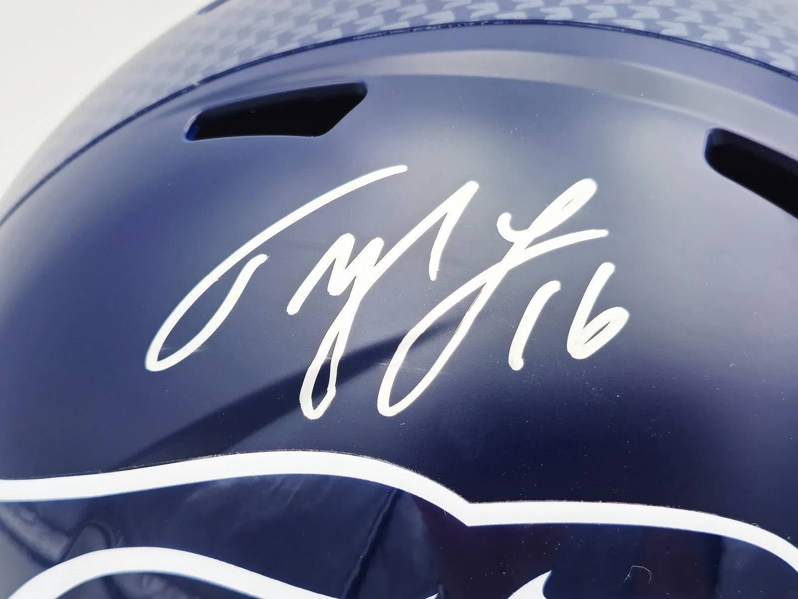 TYLER LOCKETT AUTOGRAPHED SEAHAWKS BLUE FULL SIZE SPEED HELMET MCS HOLO 236377