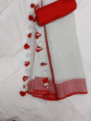 White and Red Pure Linen Saree