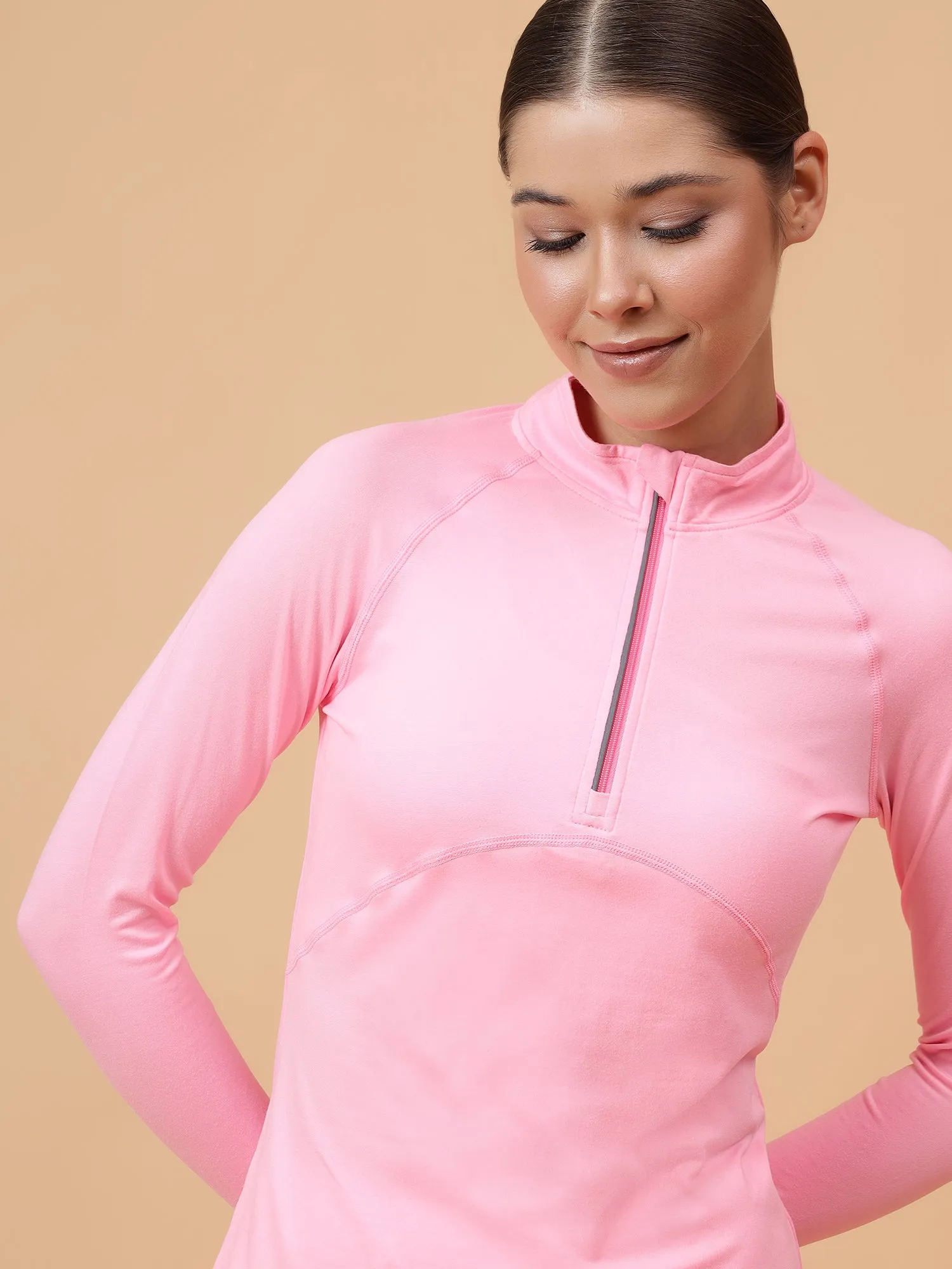 Women's Neon Pink Solid High Neck Training T-shirt