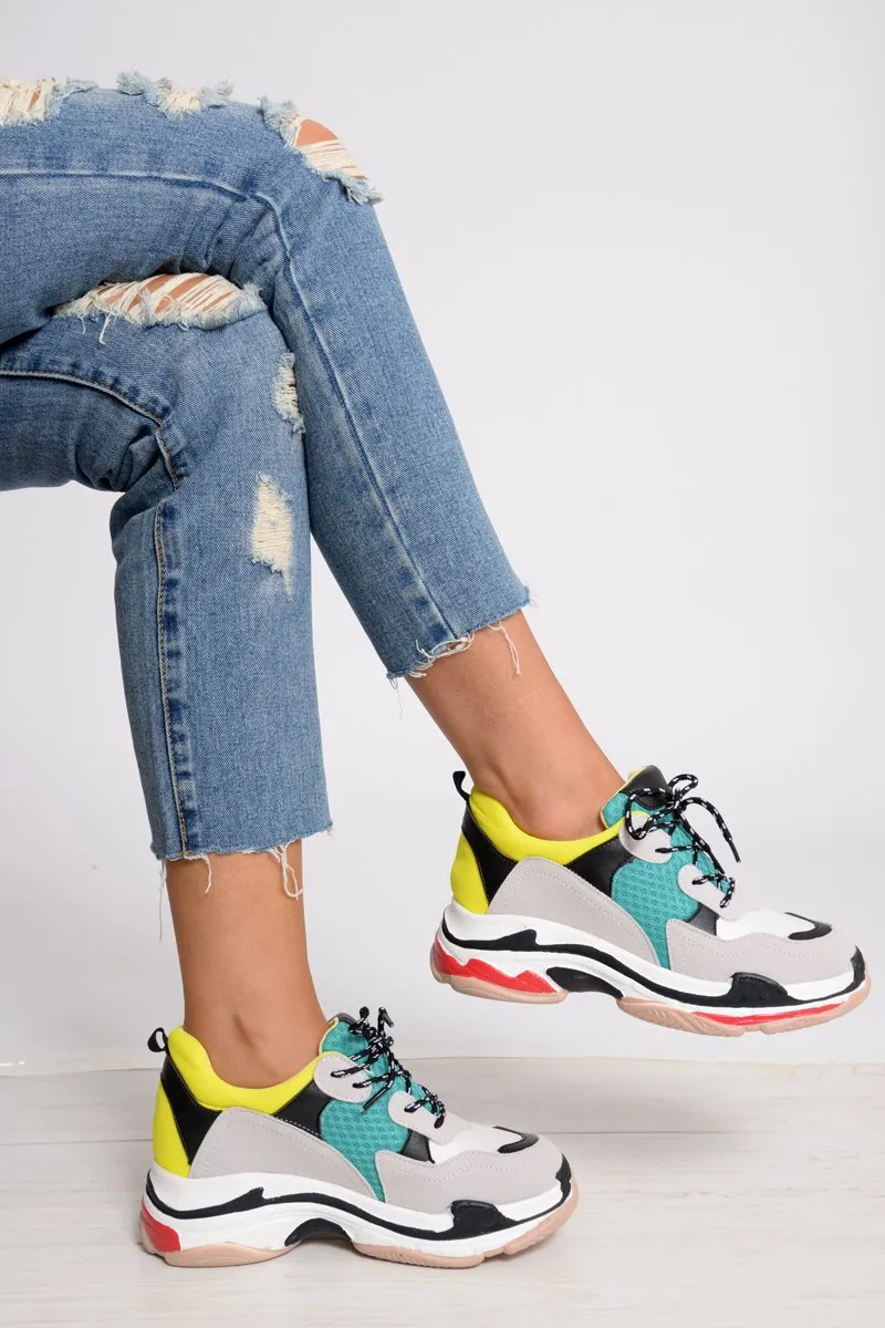 Yellow And Green Chunky Lace Up Trainers - Thea
