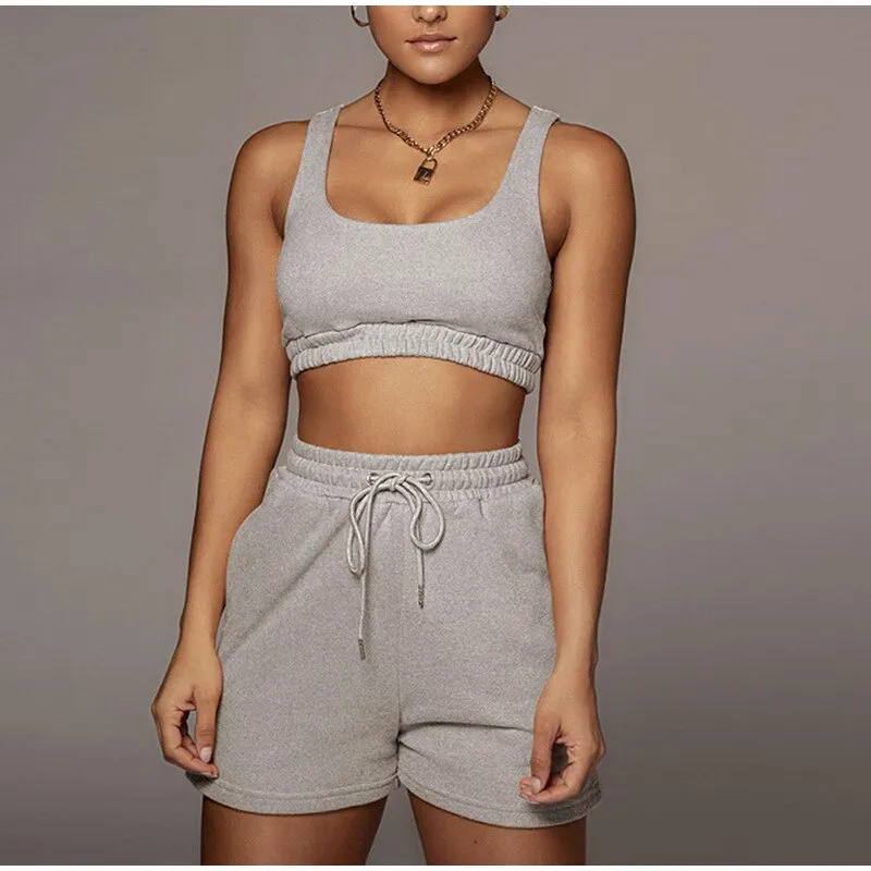 Yoga Fitness Vest Shorts 2-piece Set Workout Crop Top & Shorts for Women