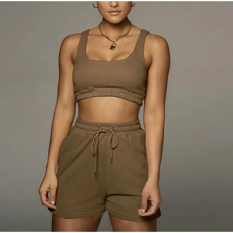 Yoga Fitness Vest Shorts 2-piece Set Workout Crop Top & Shorts for Women
